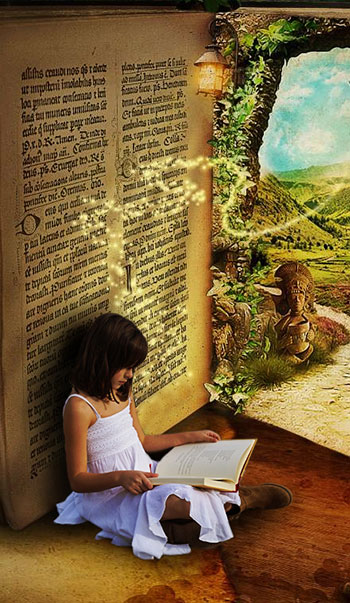 Fotografía creativa niña en libro fantastico